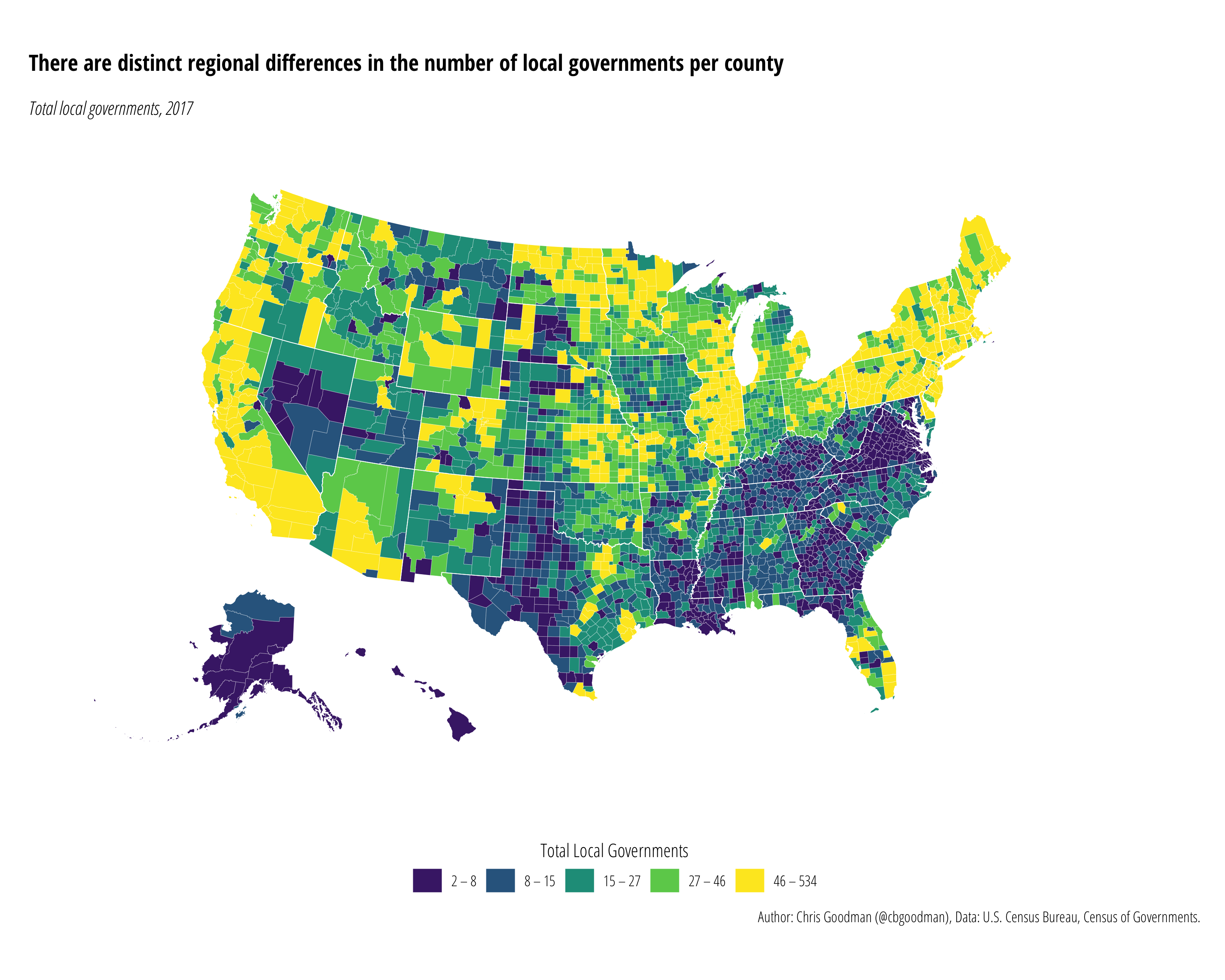 Absolute number of local governments by county from the 2017 Census of Government.