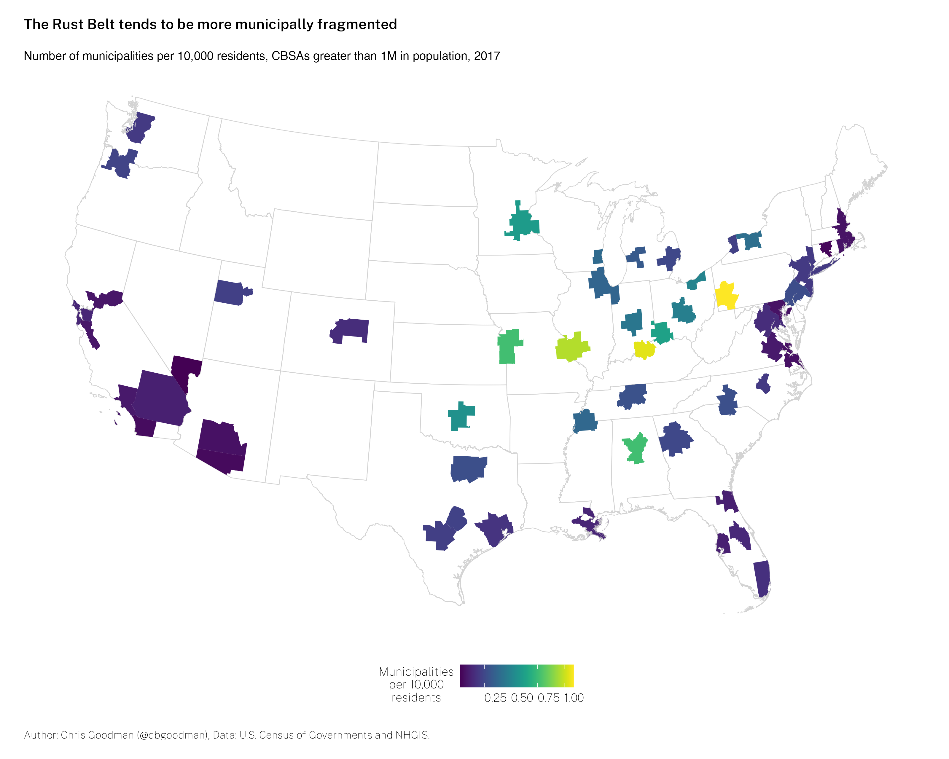 Municipal fragmentation, 2017, CBSAs larger than 1,000,000.
