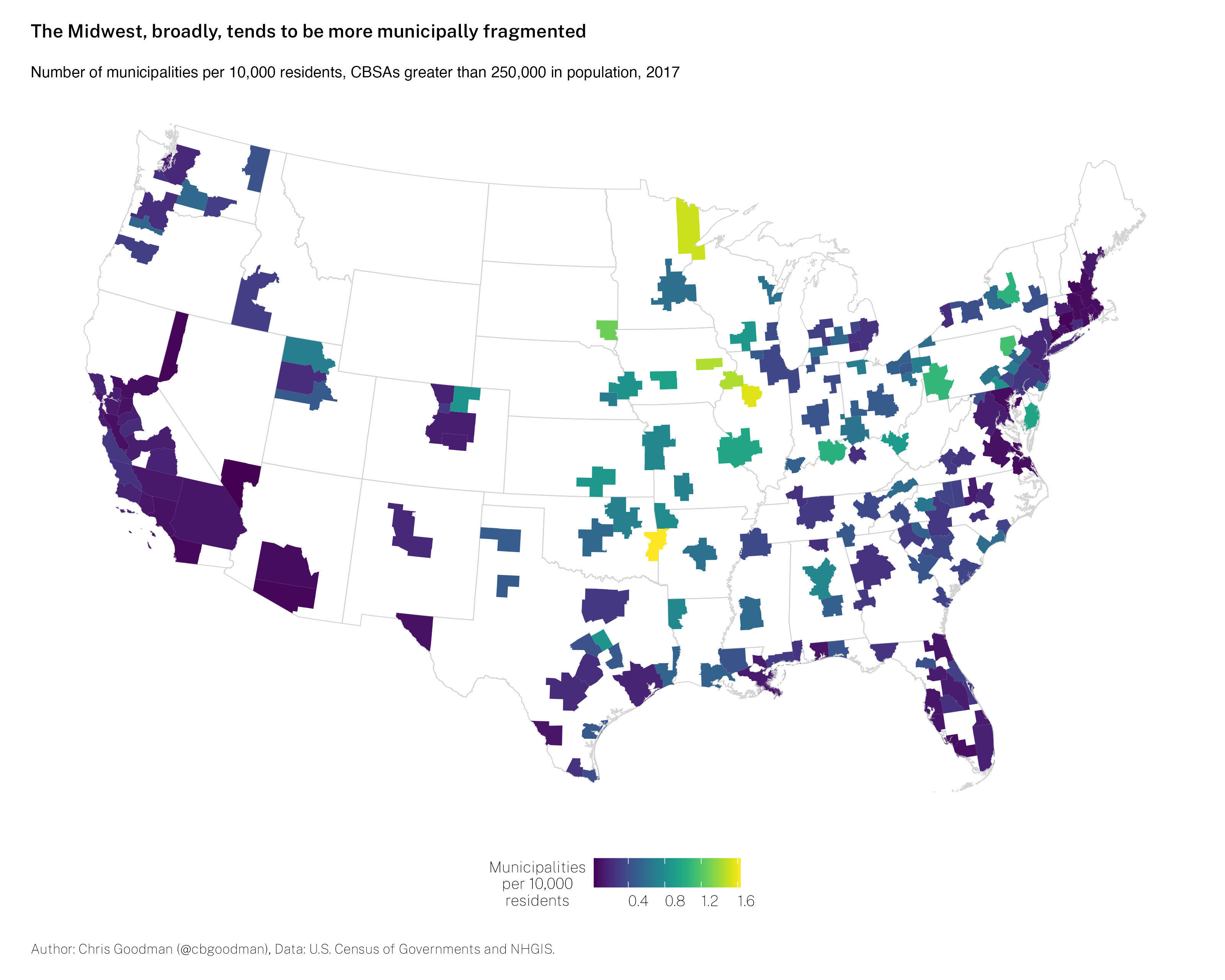 Municipal fragmentation, 2017, CBSAs larger than 250,000.