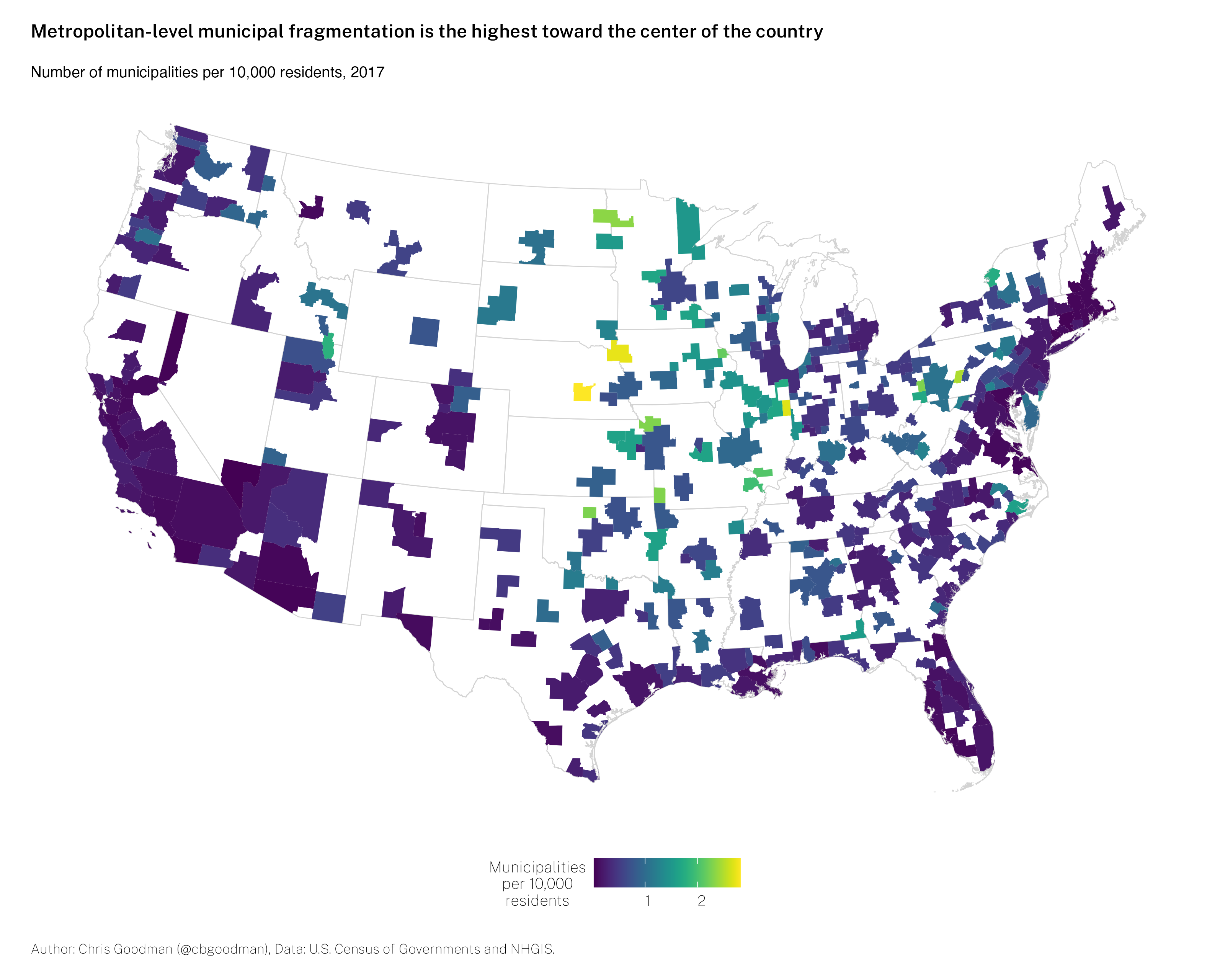 Municipal fragmentation, 2017, all CBSAs.